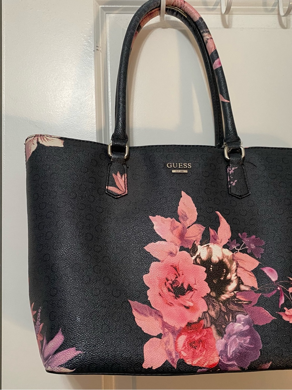 GUESS Black Tote with Pink and Purple Floral Print